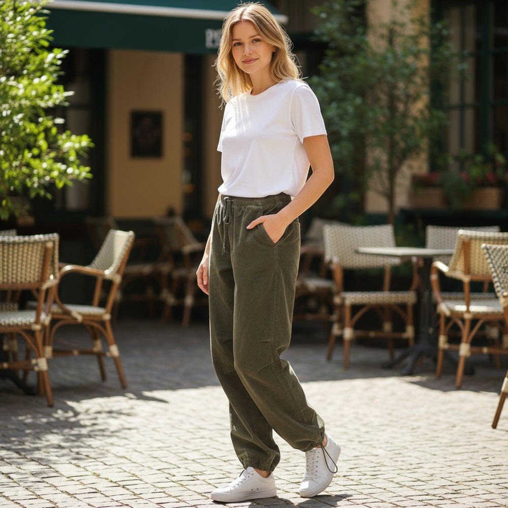 Aeropostale Olive Green Corduroy Parachute Pants Joggers XS Y2K Cozy Streetwear - Picture 5 of 13